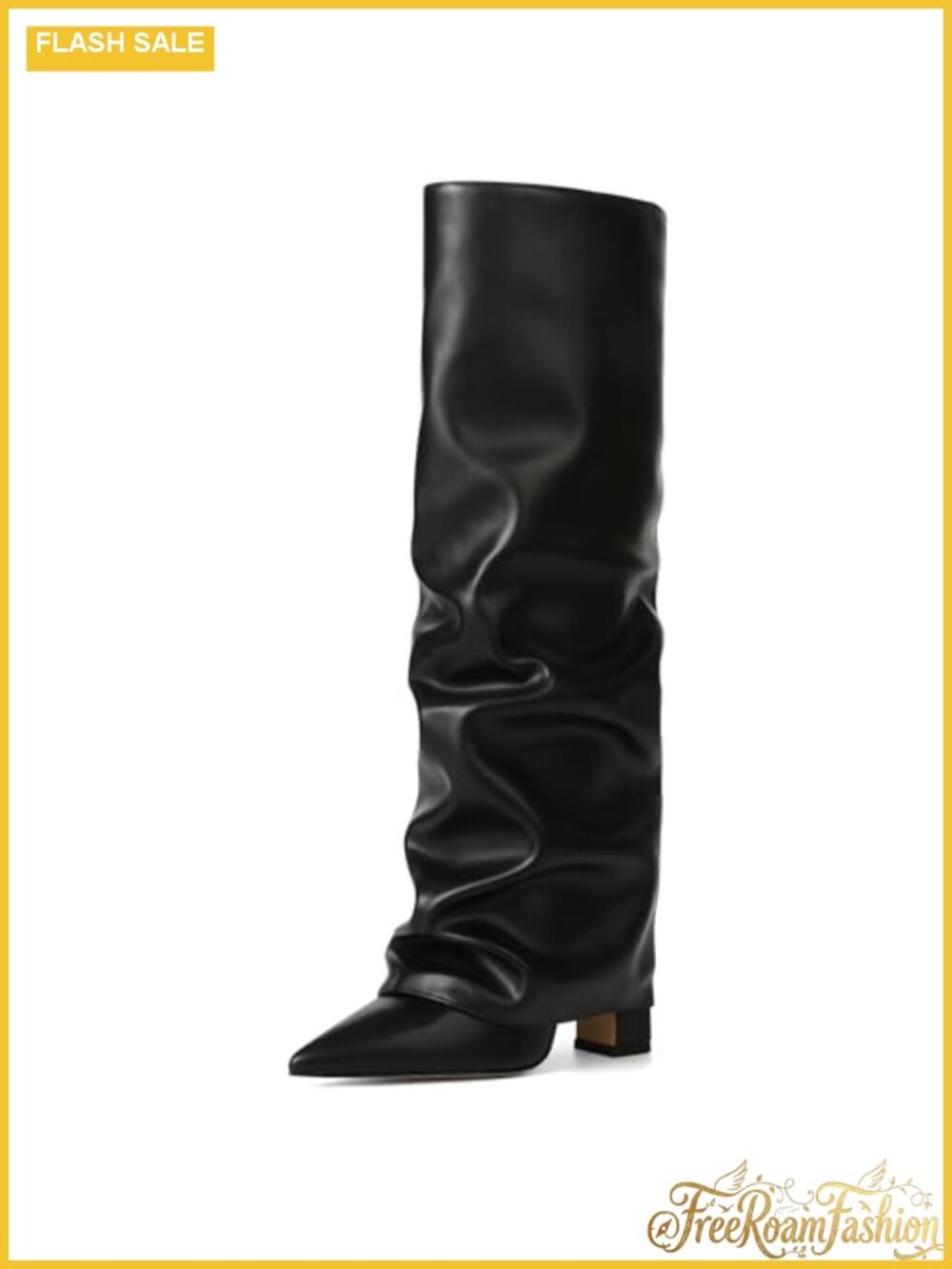 Women's Slouchy Knee High Boots Pointed Toe Fold Over Chunky Heel
